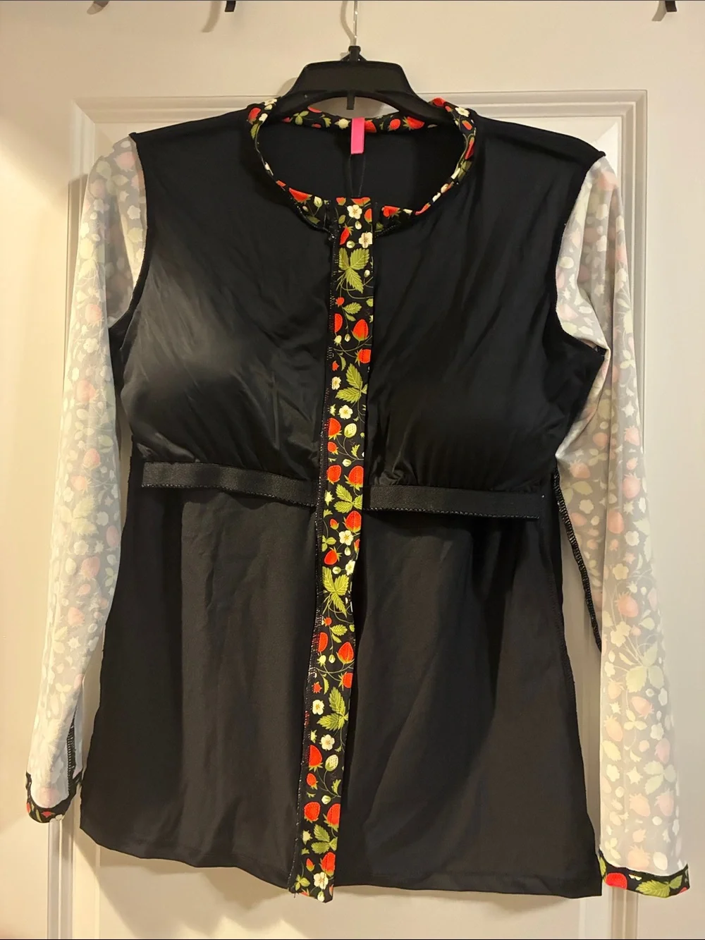 Betsey Johnson Black Zip-Front Rash Guard with Strawberry-Print Sleeves